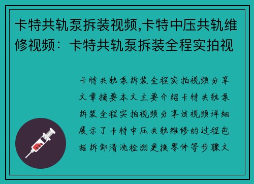 卡特共轨泵拆装视频,卡特中压共轨维修视频：卡特共轨泵拆装全程实拍视频分享