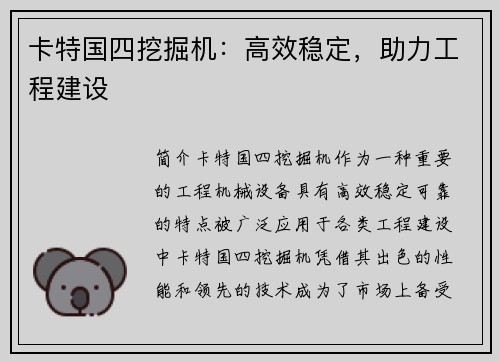 卡特国四挖掘机：高效稳定，助力工程建设