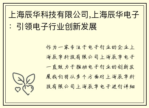 上海辰华科技有限公司,上海辰华电子：引领电子行业创新发展
